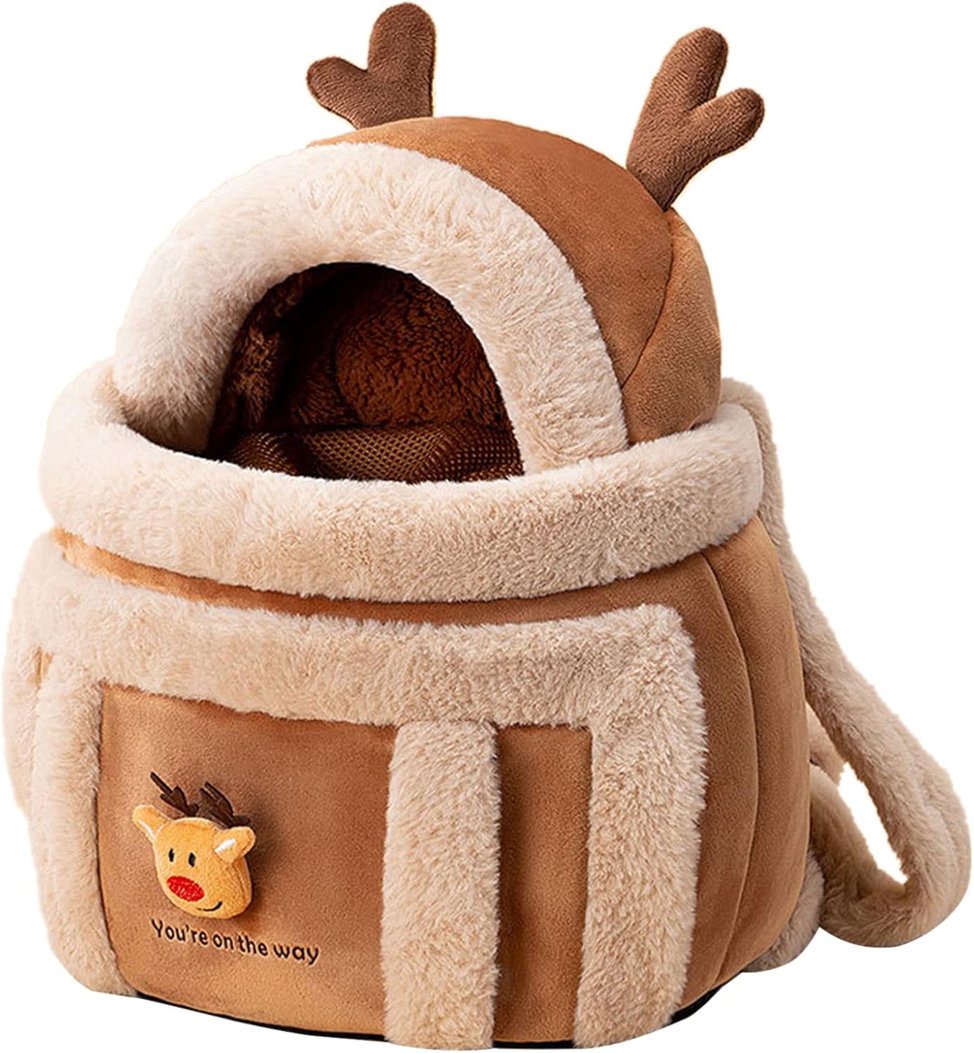 Plush Reindeer Dog Carrier Backpack – Winter Pet Travel Bag with Hand Warmers