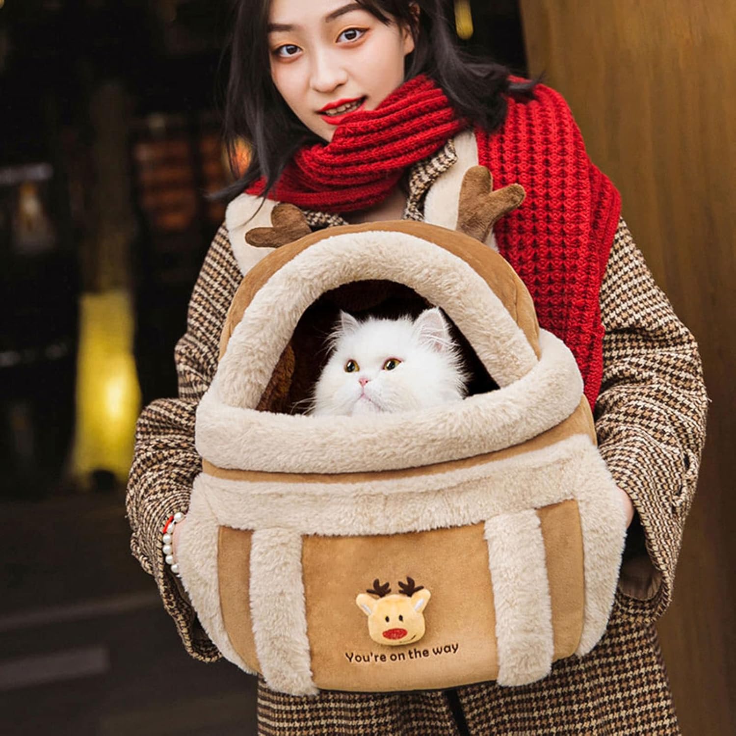 Plush Reindeer Dog Carrier Backpack – Winter Pet Travel Bag with Hand Warmers
